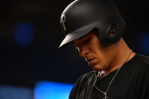 MIAMI, FL – AUGUST 23: J.T. Realmuto #10 of the Philadelphia Phillies in action against the Miami Marlins at Marlins Park on August 23, 2019 in Miami, Florida. Teams are wearing special color schemed uniforms with players choosing nicknames to display for Players’ Weekend. (Photo by Mark Brown/Getty Images)