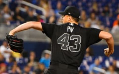 MIAMI, FL – AUGUST 23: Nick Pivetta #43 of the Philadelphia Phillies delivers a pitch during the game against Miami Marlins at Marlins Park on August 23, 2019 in Miami, Florida. Teams are wearing special color schemed uniforms with players choosing nicknames to display for Players’ Weekend. (Photo by Mark Brown/Getty Images)