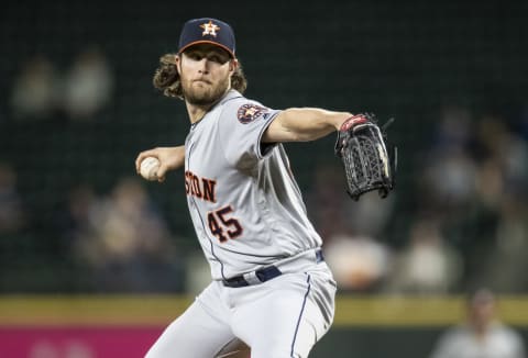 SEATTLE, WA – SEPTEMBER 24: Starter Gerrit Cole #45 of the Houston Astros delivers a pitch during the second inning of a game against the Seattle Marinersat T-Mobile Park on September 24, 2019 in Seattle, Washington. (Photo by Stephen Brashear/Getty Images)