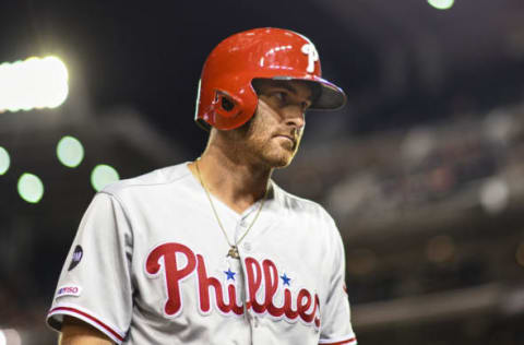 WASHINGTON, DC – SEPTEMBER 25: Philadelphia Phillies left fielder Brad Miller (33) comes up to bat during the game between the Philadelphia Phillies and the Washington Nationals on September 25, 2019, at Nationals Park, in Washington D.C. (Photo by Mark Goldman/Icon Sportswire via Getty Images)