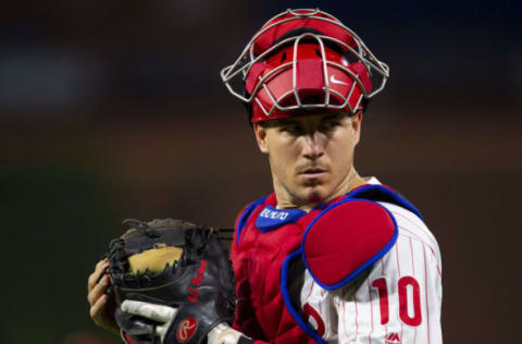 J.T. Realmuto #10 of the Philadelphia Phillies (Photo by Mitchell Leff/Getty Images)