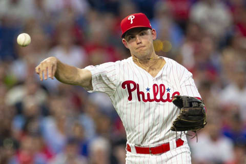 PHILADELPHIA, PA – AUGUST 30: Scott Kingery #4 of the Philadelphia Phillies throws the ball to first base against the New York Mets at Citizens Bank Park on August 30, 2019 in Philadelphia, Pennsylvania. (Photo by Mitchell Leff/Getty Images)