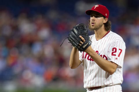 PHILADELPHIA, PA – AUGUST 30: Aaron Nola #27 of the Philadelphia Phillies throws a pitch against the New York Mets at Citizens Bank Park on August 30, 2019 in Philadelphia, Pennsylvania. (Photo by Mitchell Leff/Getty Images)S