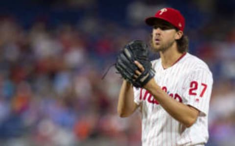 PHILADELPHIA, PA – AUGUST 30: Aaron Nola #27 of the Philadelphia Phillies throws a pitch against the New York Mets at Citizens Bank Park on August 30, 2019 in Philadelphia, Pennsylvania. (Photo by Mitchell Leff/Getty Images)