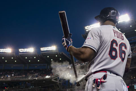 WASHINGTON, DC – SEPTEMBER 27: Yasiel Puig #66 of the Cleveland Indians warms up against the Washington Nationals during the first inning at Nationals Park on September 27, 2019 in Washington, DC. (Photo by Scott Taetsch/Getty Images)