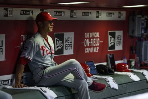 PHOENIX, ARIZONA – AUGUST 05: Gabe Kapler #19 of the Philadelphia Phillies sits in the dugout during the MLB game against the Arizona Diamondbacks at Chase Field on August 05, 2019 in Phoenix, Arizona. (Photo by Jennifer Stewart/Getty Images)