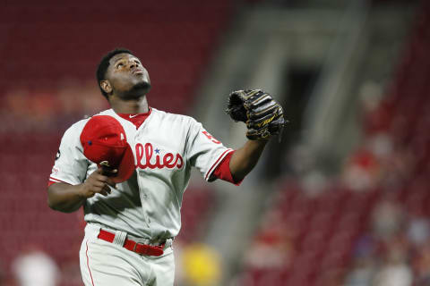 CINCINNATI, OH – SEPTEMBER 03: Hector Neris #50 of the Philadelphia Phillies reacts after a game against the Cincinnati Reds at Great American Ball Park on September 3, 2019 in Cincinnati, Ohio. The Phillies defeated the Reds 6-2. (Photo by Joe Robbins/Getty Images)