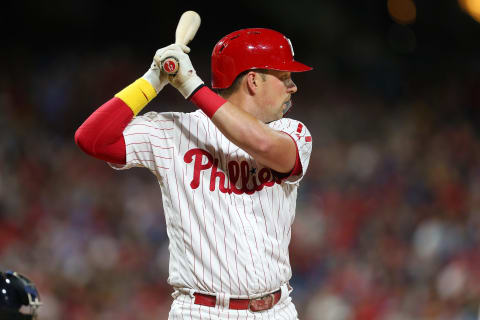 PHILADELPHIA, PA – SEPTEMBER 14: Rhys Hoskins #17 of the Philadelphia Phillies in action against the Boston Red Sox during a game at Citizens Bank Park on September 14, 2019 in Philadelphia, Pennsylvania. (Photo by Rich Schultz/Getty Images)