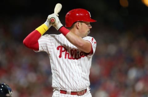 PHILADELPHIA, PA – SEPTEMBER 14: Rhys Hoskins #17 of the Philadelphia Phillies in action against the Boston Red Sox during a game at Citizens Bank Park on September 14, 2019 in Philadelphia, Pennsylvania. (Photo by Rich Schultz/Getty Images)