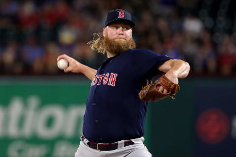 ARLINGTON, TEXAS – SEPTEMBER 24: Andrew Cashner #48 of the Boston Red Sox pitches against the Texas Rangers in the bottom of the seventh inning at Globe Life Park in Arlington on September 24, 2019 in Arlington, Texas. (Photo by Tom Pennington/Getty Images)