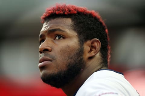 CLEVELAND, OH – SEPTEMBER 22: Yasiel Puig #66 of the Cleveland Indians looks out from the dugout against the Philadelphia Phillies in the first inning at Progressive Field on September 22, 2019 in Cleveland, Ohio. The Indians defeated the Phillies 10-1. (Photo by David Maxwell/Getty Images)