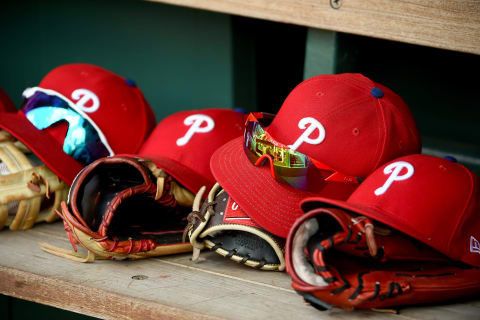 WASHINGTON, DC – SEPTEMBER 24: A general view of Philadelphia Phillies baseball hats in the dugout during game one of a doubleheader against the Washington Nationals at Nationals Park on September 24, 2019 in Washington, DC. (Photo by Will Newton/Getty Images)