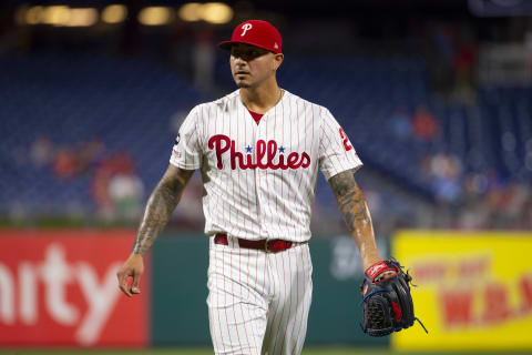 PHILADELPHIA, PA – SEPTEMBER 27: Vince Velasquez #21 of the Philadelphia Phillies walks to the dugout against the Miami Marlins at Citizens Bank Park on September 27, 2019 in Philadelphia, Pennsylvania. The Phillies defeated the Marlins 5-4 in fifteenth inning. (Photo by Mitchell Leff/Getty Images)