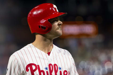 PHILADELPHIA, PA – SEPTEMBER 27: Andrew Knapp #15 of the Philadelphia Phillies reacts against the Miami Marlins at Citizens Bank Park on September 27, 2019 in Philadelphia, Pennsylvania. The Phillies defeated the Marlins 5-4 in fifteenth inning. (Photo by Mitchell Leff/Getty Images)