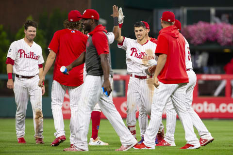 PHILADELPHIA, PA – SEPTEMBER 27: Adam Haseley #40 of the Philadelphia Phillies celebrates with his teammates after hitting a game winning fielders choice in the bottom of the fifteenth inning against the Miami Marlins at Citizens Bank Park on September 27, 2019 in Philadelphia, Pennsylvania. The Phillies defeated the Marlins 5-4 in fifteenth inning. (Photo by Mitchell Leff/Getty Images)