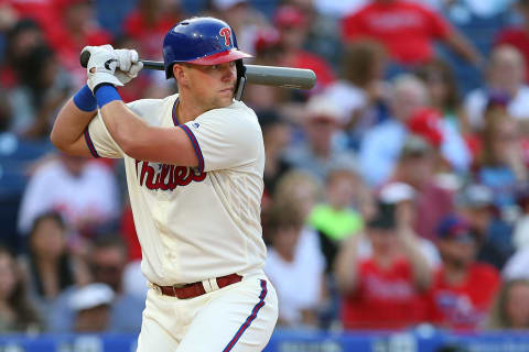 PHILADELPHIA, PA – SEPTEMBER 29: Rhys Hoskins #17 of the Philadelphia Phillies in action against the Miami Marlins during a game at Citizens Bank Park on September 29, 2019 in Philadelphia, Pennsylvania. (Photo by Rich Schultz/Getty Images)