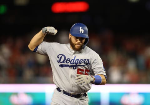 WASHINGTON, DC – OCTOBER 06: Russell Martin #55 of the Los Angeles Dodgers celebrates as he the bases after hitting a two run home run in the ninth inning of Game 3 of the NLDS against the Washington Nationals at Nationals Park on October 06, 2019 in Washington, DC. (Photo by Rob Carr/Getty Images)