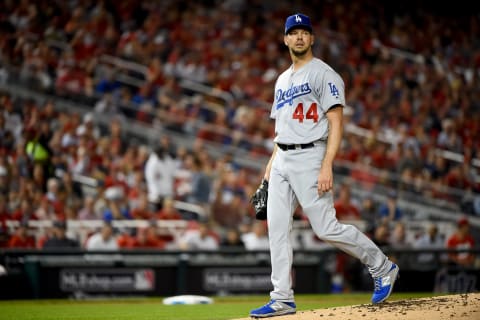 WASHINGTON, DC – OCTOBER 07: Rich Hill #44 of the Los Angeles Dodgers looks on against the Washington Nationals in Game Four of the National League Division Series at Nationals Park on October 7, 2019 in Washington, DC. (Photo by Will Newton/Getty Images)