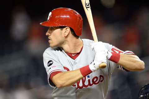 WASHINGTON, DC – SEPTEMBER 23: Adam Haseley #40 of the Philadelphia Phillies bats against the Washington Nationals at Nationals Park on September 23, 2019 in Washington, DC. (Photo by G Fiume/Getty Images)