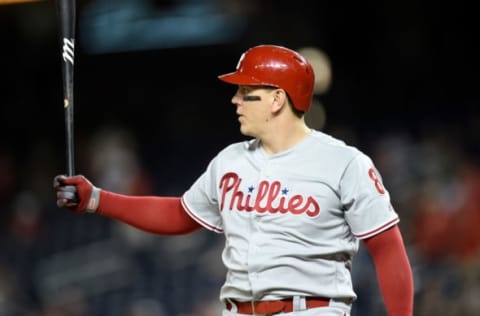 WASHINGTON, DC – SEPTEMBER 23: Logan Morrison #8 of the Philadelphia Phillies bats against the Washington Nationals at Nationals Park on September 23, 2019 in Washington, DC. (Photo by G Fiume/Getty Images)