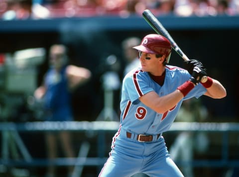 PITTSBURGH, PA – CIRA 1989: Von Hayes #9 of the Philadelphia Phillies bats against the Pittsburgh Pirates during a Major League Baseball game at Three Rivers Stadium circa 1989 in Pittsburgh, Pennsylvania. (Photo by George Gojkovich/Getty Images)