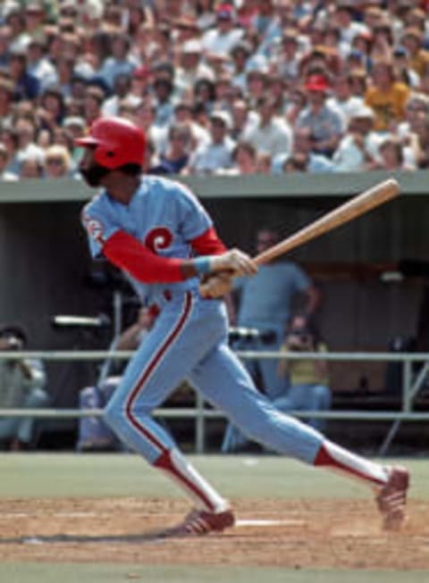 PITTSBURGH, PA – 1976: Garry Maddox of the Philadelphia Phillies bats against the Pittsburgh Pirates during a Major League Baseball game at Three Rivers Stadium in 1976 in Pittsburgh, Pennsylvania. (Photo by George Gojkovich/Getty Images)