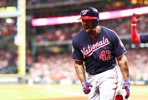 HOUSTON, TEXAS – OCTOBER 30: Howie Kendrick #47 of the Washington Nationals celebrates his two-run home run against the Houston Astros during the seventh inning in Game Seven of the 2019 World Series at Minute Maid Park on October 30, 2019 in Houston, Texas. (Photo by Mike Ehrmann/Getty Images)