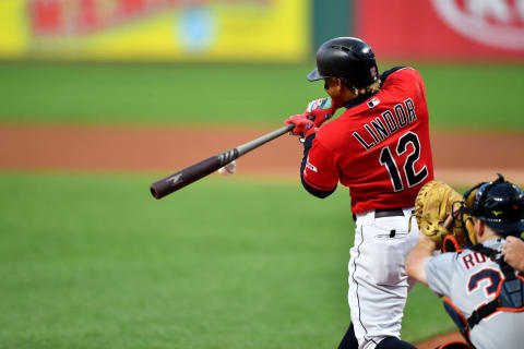 CLEVELAND, OHIO – SEPTEMBER 18: Francisco Lindor #12 of the Cleveland Indians at bat during the first inning against the Detroit Tigers at Progressive Field on September 18, 2019 in Cleveland, Ohio. (Photo by Jason Miller/Getty Images)