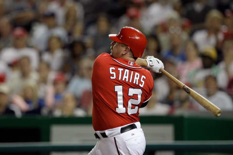 WASHINGTON, DC – JULY 09: Matt Stairs #12 of the Washington Nationals at the plate against the Colorado Rockies at Nationals Park on July 9, 2011 in Washington, DC. (Photo by Rob Carr/Getty Images)