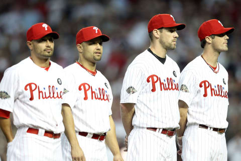 PHOENIX, AZ – JULY 12: National League All-Star Shane Victorino #8 of the Philadelphia Phillies, National League All-Star Placido Polanco #27 of the Philadelphia Phillies, National League All-Star Cliff Lee #33 of the Philadelphia Phillies and National League All-Star Cole Hamels #35 of the Philadelphia Phillies line up before the start of the 82nd MLB All-Star Game at Chase Field on July 12, 2011 in Phoenix, Arizona. (Photo by Christian Petersen/Getty Images)