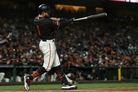 SAN FRANCISCO, CA – SEPTEMBER 14: Kevin Pillar #1 of the San Francisco Giants at bat against the Miami Marlins during the eighth inning at Oracle Park on September 14, 2019 in San Francisco, California. The Miami Marlins defeated the San Francisco Giants 4-2. (Photo by Jason O. Watson/Getty Images)