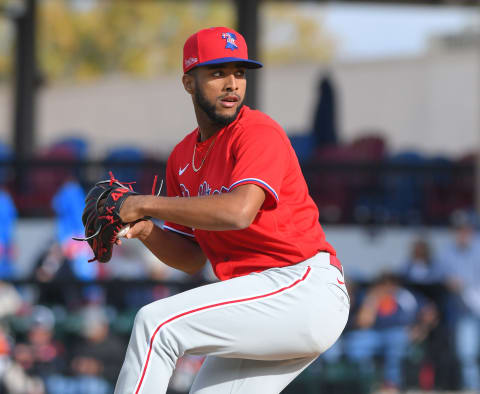 LAKELAND, FL – FEBRUARY 22: Adonis Medina #77 of the Philadelphia Phillies pitches during the Spring Training game against the Detroit Tigers at Publix Field at Joker Marchant Stadium on February 22, 2020 in Lakeland, Florida. The game ended in an 8-8 tie. (Photo by Mark Cunningham/MLB Photos via Getty Images)