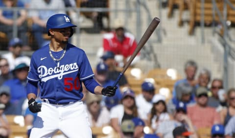 GLENDALE, ARIZONA – FEBRUARY 24: Mookie Betts #50 of the Los Angeles Dodgers bats against the Chicago White Sox during the third inning of a Cactus League spring training game at Camelback Ranch on February 24, 2020 in Glendale, Arizona. (Photo by Ralph Freso/Getty Images)