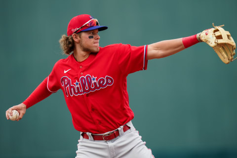 FORT MYERS, FL- FEBRUARY 26: Alec Bohm #80 of the Philadelphia Phillies throws during a spring training game against the Minnesota Twins on February 26, 2020 at the Hammond Stadium in Fort Myers, Florida. (Photo by Brace Hemmelgarn/Minnesota Twins/Getty Images)