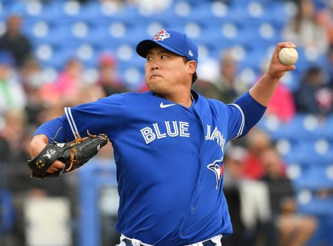 DUNEDIN, FLORIDA – FEBRUARY 27: Hyun-Jin Ryu #99 of the Toronto Blue Jays delivers a pitch in the first inning during the spring training game against the Minnesota Twins at TD Ballpark on February 27, 2020 in Dunedin, Florida. (Photo by Mark Brown/Getty Images)