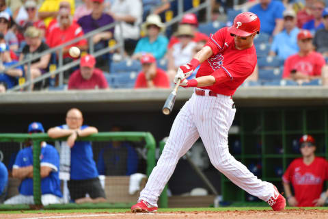 CLEARWATER, FLORIDA – MARCH 05: Neil Walker #12 of the Philadelphia Phillies hits a double off of Shun Yamaguchi #1 of the Toronto Blue Jays during the fourth inning of a Grapefruit League spring training game at Spectrum Field on March 05, 2020 in Clearwater, Florida. (Photo by Julio Aguilar/Getty Images)