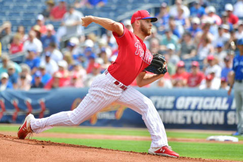 CLEARWATER, FLORIDA – MARCH 05: Zack Wheeler #45 of the Philadelphia Phillies delivers a pitch during the first inning of a Grapefruit League spring training game against the Toronto Blue Jays at Spectrum Field on March 05, 2020 in Clearwater, Florida. (Photo by Julio Aguilar/Getty Images)