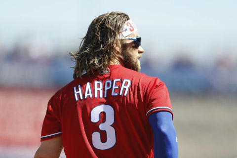 CLEARWATER, FLORIDA – MARCH 07: Bryce Harper #3 of the Philadelphia Phillies looks on against the Boston Red Sox during the second inning of a Grapefruit League spring training game on March 07, 2020 in Clearwater, Florida. (Photo by Michael Reaves/Getty Images)