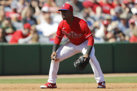 CLEARWATER, FLORIDA – MARCH 07: Jean Segura #2 of the Philadelphia Phillies in action against the Boston Red Sox during a Grapefruit League spring training game on March 07, 2020 in Clearwater, Florida. (Photo by Michael Reaves/Getty Images)