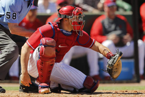 CLEARWATER, FLORIDA – MARCH 07: J.T. Realmuto #10 of the Philadelphia Phillies in action against the Boston Red Sox during a Grapefruit League spring training game on March 07, 2020 in Clearwater, Florida. (Photo by Michael Reaves/Getty Images)