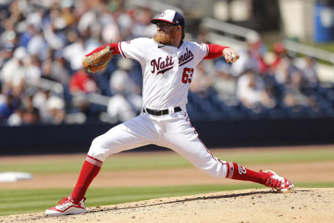 WEST PALM BEACH, FLORIDA – MARCH 12: Sean Doolittle #63 of the Washington Nationals delivers a pitch against the New York Yankees during a Grapefruit League spring training game at FITTEAM Ballpark of The Palm Beaches on March 12, 2020 in West Palm Beach, Florida. (Photo by Michael Reaves/Getty Images)