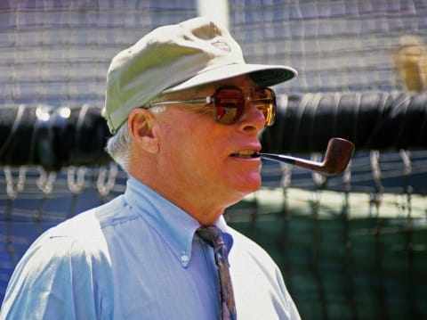 PITTSBURGH, PA – 1993: Richie Ashburn, radio and television commentator for the Philadelphia Phillies, looks on from the field before a Major League Baseball game between the Phillies and Pittsburgh Pirates at Three Rivers Stadium in 1993 in Pittsburgh, Pennsylvania. Ashburn played for the Phillies 1948-1959 and is a member of the Baseball Hall of Fame. (Photo by George Gojkovich/Getty Images)