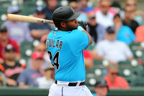 JUPITER, FL – MARCH 10: Jesus Aguilar #24 of the Miami Marlins in action against the Washington Nationals during a spring training baseball game at Roger Dean Stadium on March 10, 2020 in Jupiter, Florida. The Marlins defeated the Nationals 3-2. (Photo by Rich Schultz/Getty Images)