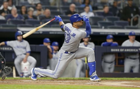 NEW YORK, NEW YORK – SEPTEMBER 20: (NEW YORK DAILIES OUT) Lourdes Gurriel Jr. #13 of the Toronto Blue Jays in action against the New York Yankees at Yankee Stadium on September 20, 2019 in New York City. The Blue Jays defeated the Yankees 4-3. (Photo by Jim McIsaac/Getty Images)