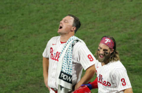 Bryce Harper #3 and Jay Bruce #9 of the Philadelphia Phillies (Photo by Hunter Martin/Getty Images)