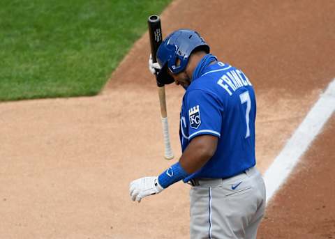 MINNEAPOLIS, MINNESOTA – AUGUST 15: Maikel Franco #7 of the Kansas City Royals reacts to striking out against the Minnesota Twins with the bases loaded during the first inning of game two of a doubleheader at Target Field on August 15, 2020 in Minneapolis, Minnesota. (Photo by Hannah Foslien/Getty Images)