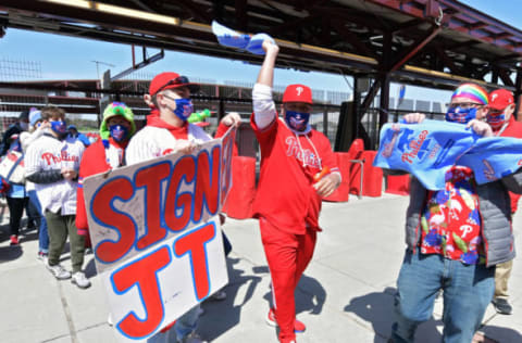 Fans known as the Phandemic Krew are the first into the stadium before the game between the Atlanta Braves and Philadelphia Phillies on Opening Day (Photo by Drew Hallowell/Getty Images)