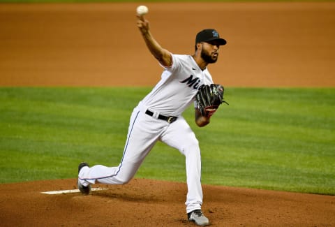 MIAMI, FLORIDA – JULY 09: Sandy Alcantara #22 of the Miami Marlins delivers a pitch during an inter squad simulated game at Marlins Park on July 09, 2020 in Miami, Florida. (Photo by Mark Brown/Getty Images)