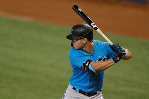 MIAMI, FLORIDA – JULY 12: Corey Dickerson #23 of the Miami Marlins at bat during a simulated game at Marlins Park on July 12, 2020 in Miami, Florida. (Photo by Michael Reaves/Getty Images)