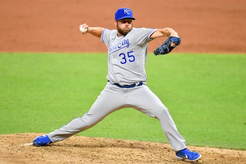 CLEVELAND, OHIO – JULY 24: Greg Holland #35 of the Kansas City Royals pitches during the sixth inning of the Opening Day game against the Cleveland Indians at Progressive Field on July 24, 2020 in Cleveland, Ohio. The Indians defeated the Royals 2-0. The 2020 season had been postponed since March due to the COVID-19 pandemic. (Photo by Jason Miller/Getty Images)